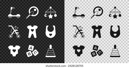 Conjunto de patinete de rodillos, esperma, cuna de bebé colgando juguetes, ropa, bloques ABC, pirámide, cochecito e icono. Vector