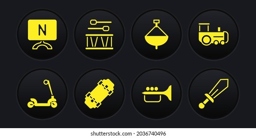 Set Roller scooter, Toy train, Skateboard, Trumpet, Whirligig toy, Drum with drum sticks, Sword and Smart Tv icon. Vector