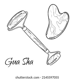 A set of roller and scraper gua sha made of stone. Isolated hand drawn vector illustration.