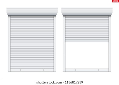 Set of Roller Shutters Window. Closed and Opened Protect System Equipment. White color. Vector Illustration isolated on background.
