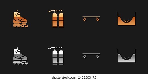 Set Roller skate, Aqualung, Longboard or skateboard and Skate park icon. Vector