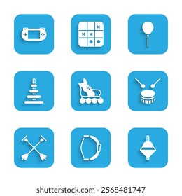 Set Roller skate, Bow toy, Whirligig, Drum with drum sticks, Arrow sucker tip, Pyramid, Balloons ribbon and Portable video game console icon. Vector