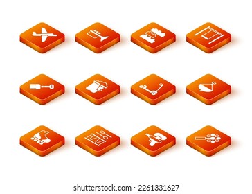 Ponga patinaje sobre rodillos, tambor con palos de tambor, juguete de palas, arena en cubeta, pistola de agua, patinete, bebé de rattle e icono de Whirligig. Vector