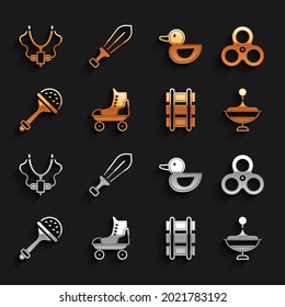 Set Roller skate, Fidget spinner, Whirligig toy, Toy railway, Rattle baby, Rubber duck, Slingshot and Sword icon. Vector