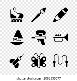 Set Roller skate, Paint brush, Pencil with eraser, Dart arrow, Butterfly, Jump rope, Toy boat and Water gun icon. Vector