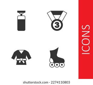 Set Roller skate, Punching bag, Kimono and Medal icon. Vector