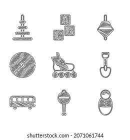 Set Roller skate, Rattle baby toy, Tumbler doll, Shovel, Bus, Basketball ball, Whirligig and Pyramid icon. Vector