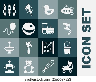 Set Roller skate, Sand in bucket, Kite, Rubber duck, Beach ball, Balloons, Marker pen and Toy train icon. Vector