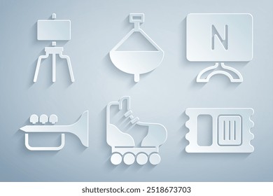 Set Roller skate, Smart Tv, Trumpet, Circus ticket, Whirligig toy and Wood easel icon. Vector