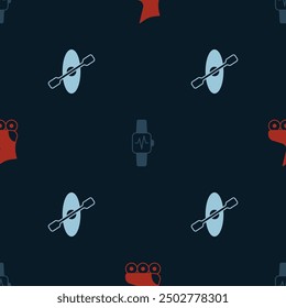 Set Roller skate, Smart watch with heart and Kayak and paddle on seamless pattern. Vector