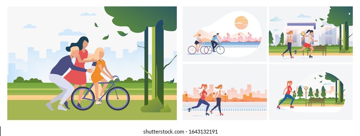 Set of roller skaters. Flat vector illustrations of girls and women roller skating in city and riding bicycle. Active lifestyle, activity, summer concept for banner, website design or landing web page