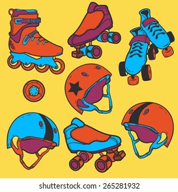 set of roller skates helmets wheel