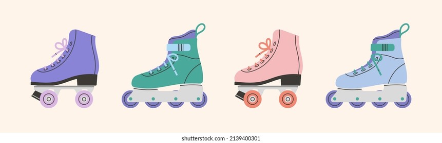 Set of roller skates icon. Sport and disco. Retro fashion style from 80s and 90s. Cute vector illustration in trendy calm colors. Hand drawn style. 