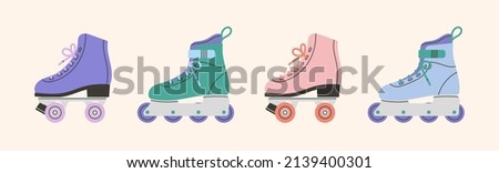 Set of roller skates icon. Sport and disco. Retro fashion style from 80s and 90s. Cute vector illustration in trendy calm colors. Hand drawn style. 