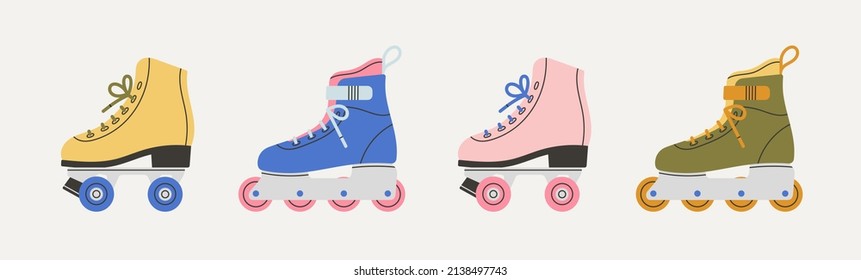 Set with roller skates icons. Sport and hobbies. Retro fashion style from 80s and 90s. Cute vector illustration in trendy colors. Hand drawn style. 