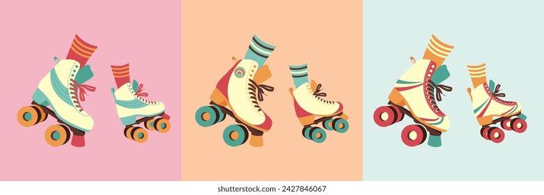 A set of roller skates on female legs with long socks in a retro palette. Women's roller skates. Vector illustration in 80s-90s style.