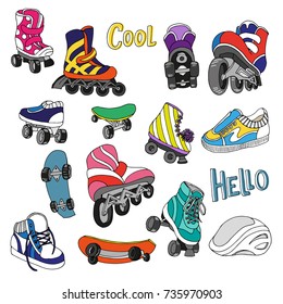 Set of roller skates, skateboards, rollers. Hand drawn doodle illustration