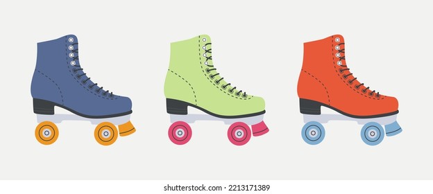 Set Of Roller Skates, Vintage Quad Skates. Girls Wearing Retro Fashion Style From 70s 80s . Sport And Disco. Cute Vector Illustrations In Trendy Pastel Colors. Hand Drawn Comic Rollerblades.