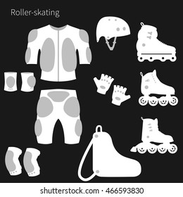 Set of roller skating objects. Vector.