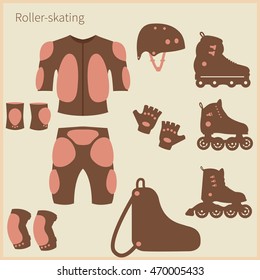 Set of roller skating objects. Vector.