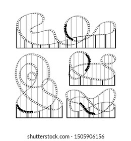 Set of rollercoaster silhouettes isolated on white background. Attractions vector illustration.