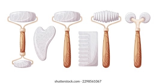 A set of rollers, gua sha scraper, natural stone combs, white agate, rose quartz for face and body massage. Concept for skin care. Trendy vector illustration.