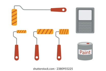 A set of rollers for painting walls, a tin can with paint and a tray for paint. Home renovation concept. Flat vector illustration.