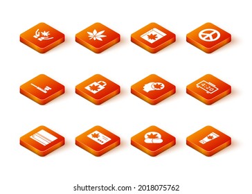 Set Rolling paper, Calendar and marijuana leaf, Smoking pipe, Shopping bag of, Herbal ecstasy tablets, Head with or cannabis, Medical cream and Digital alarm clock icon. Vector