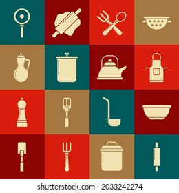 Set Rolling pin, Bowl, Kitchen apron, Crossed fork and spoon, Cooking pot, Bottle of olive oil, Frying pan and Kettle with handle icon. Vector