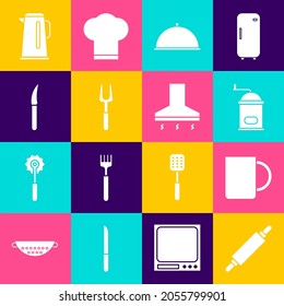 Set Rolling pin, Coffee cup, Manual coffee grinder, Covered with tray, Barbecue fork, Knife, Kettle handle and Kitchen extractor fan icon. Vector