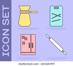 Set Rolling pin, Coffee turk, Refrigerator and Cutting board icon. Vector