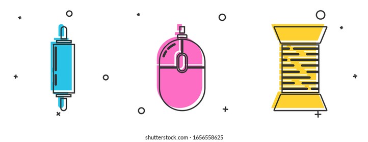 Set Rolling pin, Computer mouse and Sewing thread on spool icon. Vector
