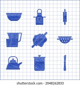 Set Rolling pin, Cooking pot, Knife, Kitchen colander, Kettle with handle, Measuring cup, and Bowl icon. Vector