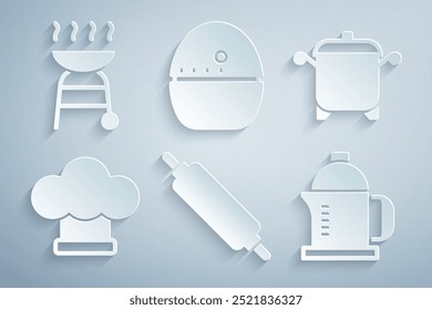 Set Rolling pin, Cooking pot, Chef hat, French press, Kitchen timer and Barbecue grill icon. Vector