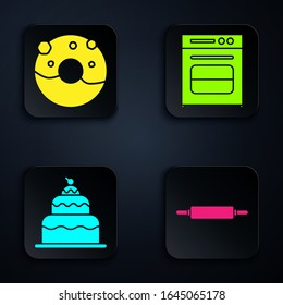 Set Rolling pin , Donut with sweet glaze , Cake  and Oven . Black square button. Vector