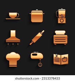 Set Rolling pin, Electric mixer, Cookbook, Toaster with toasts, Chef hat, Kitchen extractor fan, Blender and Coffee cup icon. Vector