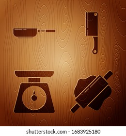 Set Rolling pin , Frying pan , Scales  and Meat chopper  on wooden background. Vector