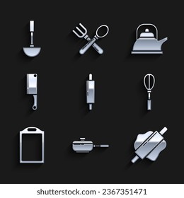 Set Rolling pin, Frying pan, Kitchen whisk, Cutting board, Meat chopper, Kettle with handle and ladle icon. Vector