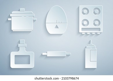 Set Rolling pin, Gas stove, Sauce bottle, Kitchen timer and Cooking pot icon. Vector