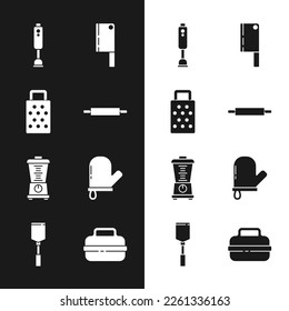 Set Rolling pin, Grater, Blender, Meat chopper, Oven glove, Cooking pot and Spatula icon. Vector