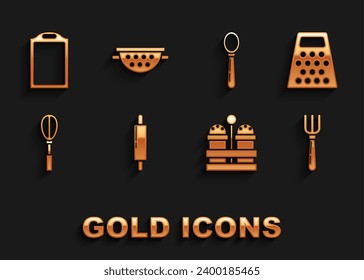 Set Rolling pin, Grater, Fork, Salt and pepper, Kitchen whisk, Spoon, Cutting board and colander icon. Vector