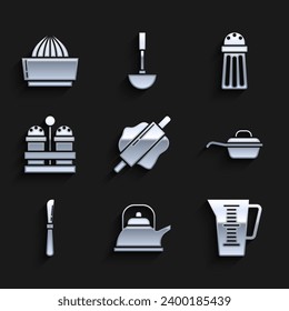 Set Rolling pin, Kettle with handle, Measuring cup, Frying pan, Knife, Salt pepper, and Citrus fruit juicer icon. Vector