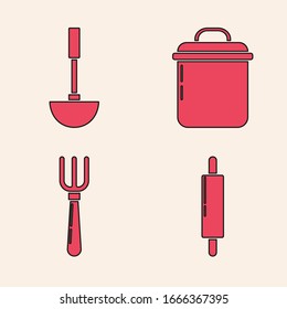 Ajuste el pasador de rodillo , la cocina ladle , la olla de cocina y el icono de la horquilla. Vector