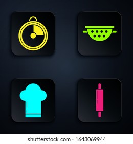 Set Rolling pin , Kitchen timer , Chef hat  and Kitchen colander . Black square button. Vector