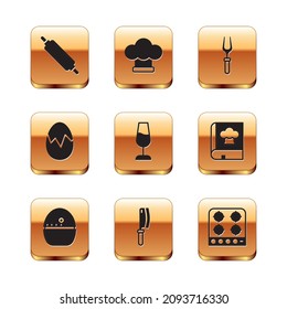 Set Rolling pin, Kitchen timer, Meat chopper, Wine glass, Broken egg, Barbecue fork, Gas stove and Chef hat icon. Vector
