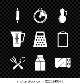 Set Rolling pin, Kitchen timer, Bottle of olive oil, Crossed fork and spoon, Paper package milk, Microwave oven, Measuring cup and Grater icon. Vector