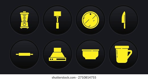 Set Rollstift, Messer, Küchenabzugventilator, Schüssel, Schneidbrett, Hammer, Kaffeetasse und Mixer-Symbol. Vektorgrafik
