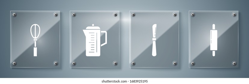 Set Rolling pin , Knife , Teapot  and Kitchen whisk . Square glass panels. Vector