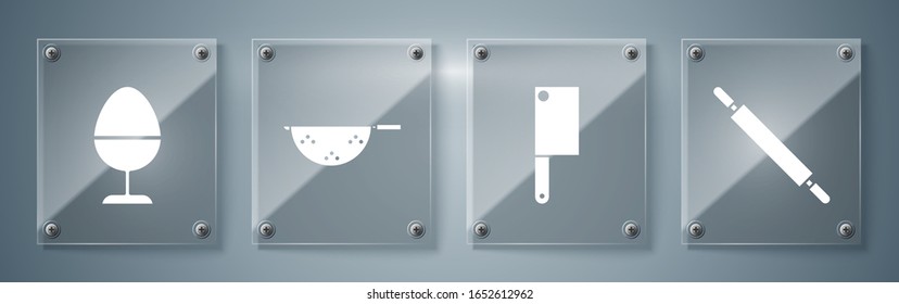 Legen Sie Rolling-Pin, Fleisch-Chopper, Küchenkolander und Hühnerei auf einem Ständer. Viereckige Glasplatten. Vektorillustration