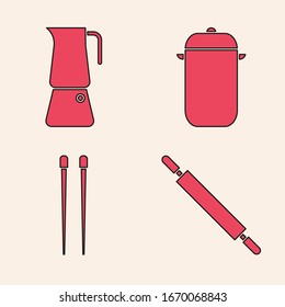 Set Rolling pin, Moka pot, Cooking pot and Food chopsticks icon. Vector